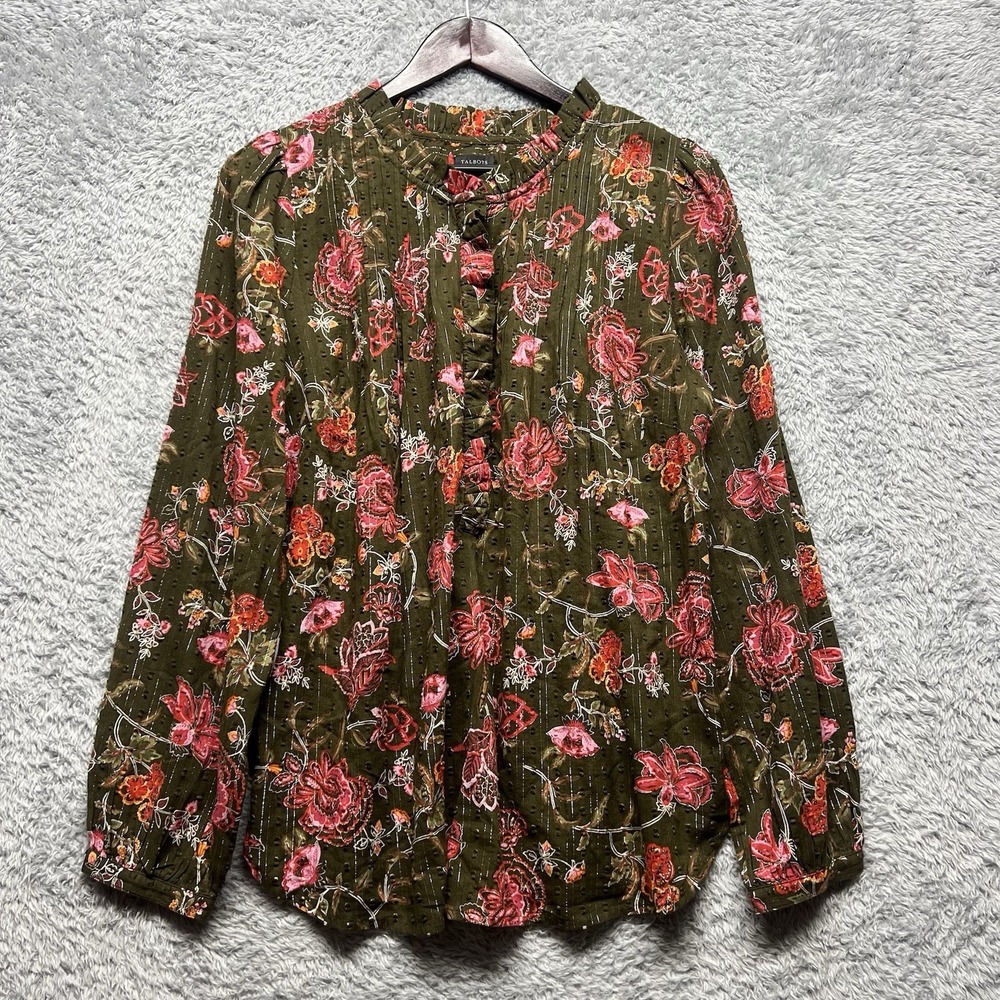 Talbots Top Womens Large Floral Graceful Pintuck‎ Ruffle Button Half Placket